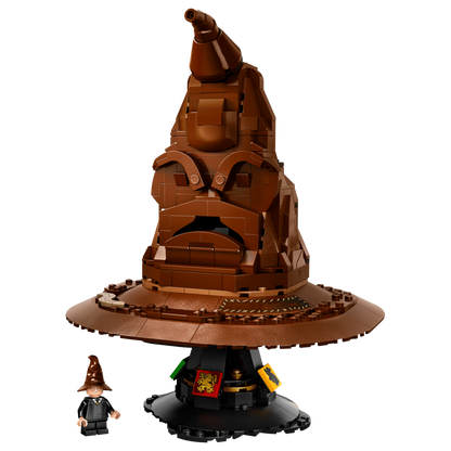 Lego Harry Potter Sorting Hat with a small figure on a white background